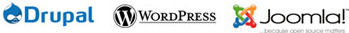 Drupal, Wordpress and Joomla logos