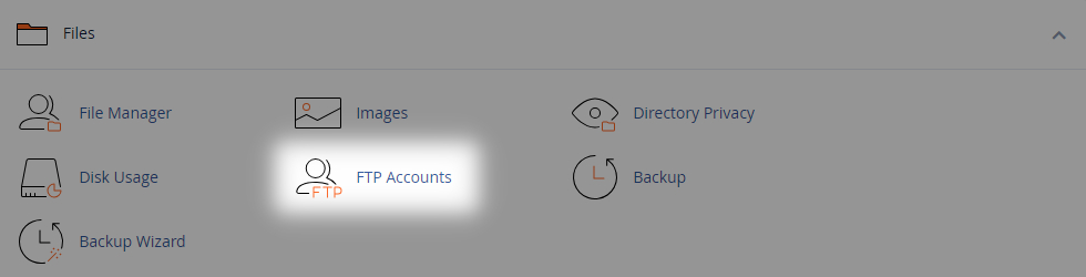 sub menu in the cPanel interface with the option for FTP accounts highlighted