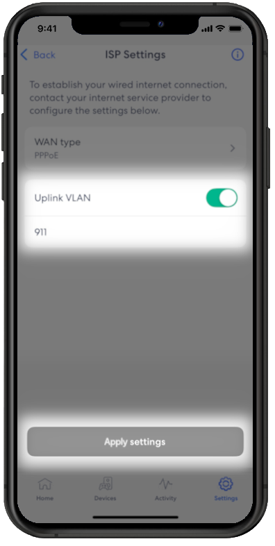 An Apply settings option on screen