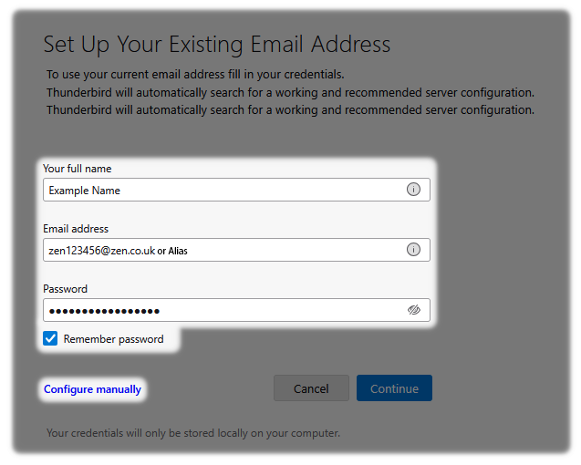 Account information for email address on Thunderbird