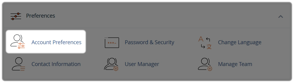 Account Preferences highlighted within the Preferences section in cPanel