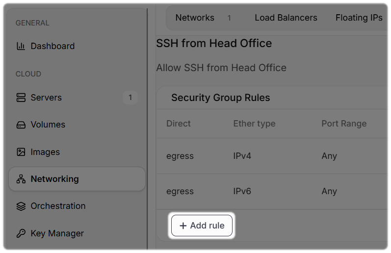 Add Rule to a Security Group with Add Rule highlighted.