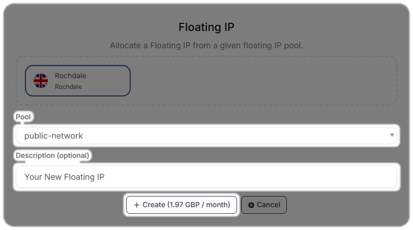Add the Floating IP once the pool and description is entered by selecting Create.