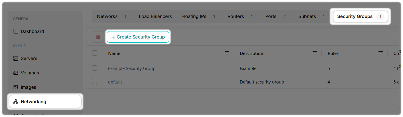 Locating Security Groups in the CloudFlex Portal.