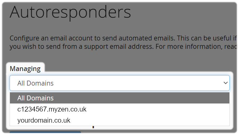 Autoresponder for Domains, all domains or select the domains from the drop-down.