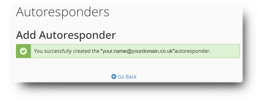 Autoresponder Successfully Completed, with option to go back.