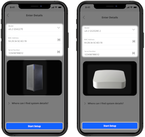 Both Calix devices after QR Scan with device information, model, MAC address and serial number select start setup