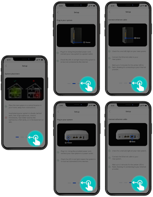 Both Calix Setup screens showing to swipe left