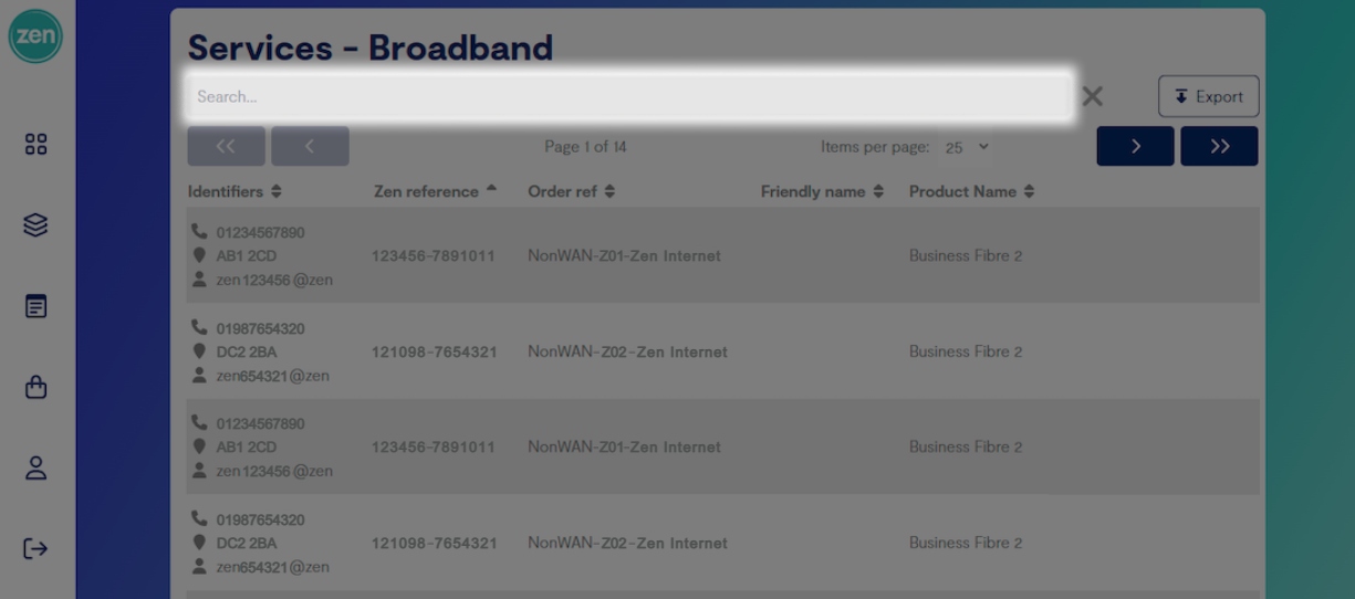 highlighted search bar in a list of zen broadband services