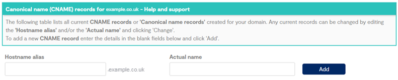 Hostname and Actual name information shown for a CNAME record in the Business Portal