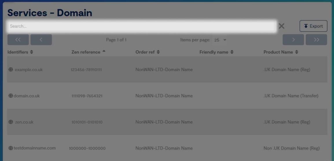 Highlighted search bar for domain services in the Business Portal