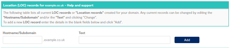 Hostname and Text information shown for a LOC Record in the Business Portal