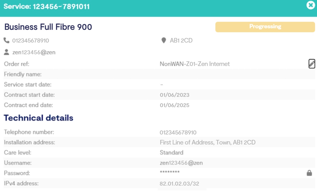 Various example details of a Zen Full Fibre Order in the Business Portal