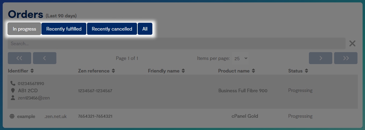 Highlighted tabs to select order state within the Business Portal