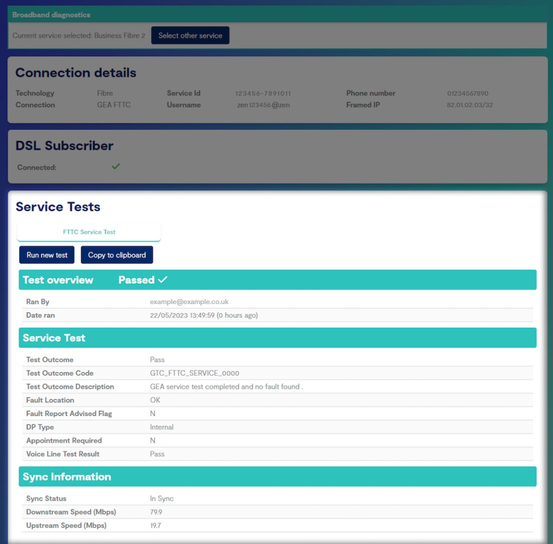 Highlighted area of the Business Portal showing a Service Test