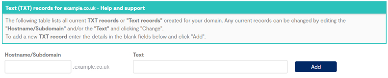 Hostname and text information shown for a TXT record in the Business Portal