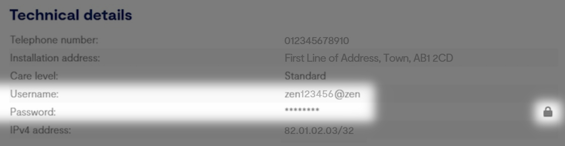 Technical details with the area of username and password highlighted