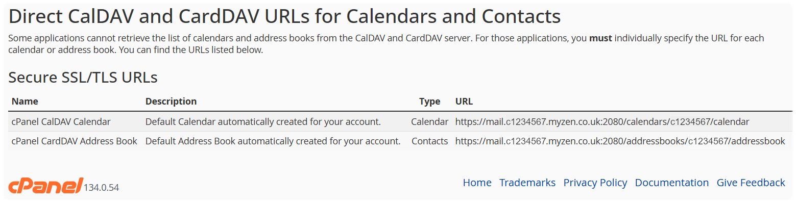 CalDAV CardDAV URLs for Calendars and Contacts within the cPanel portal.