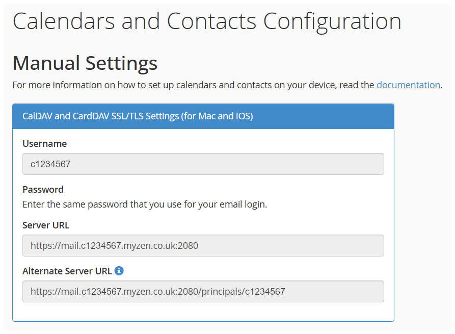 Calendars and Contacts Configuration Settings from cPanel.