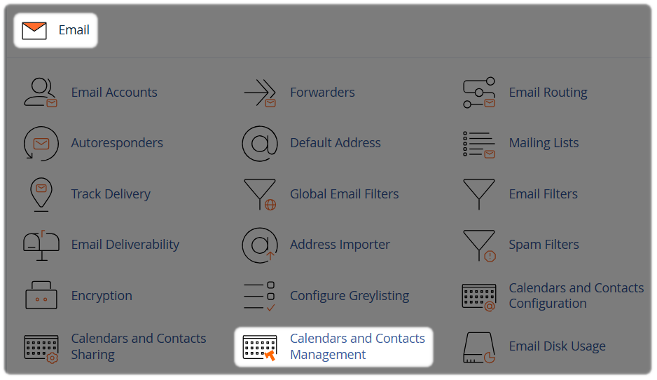 Calendars and Contacts Management option within cPanel.