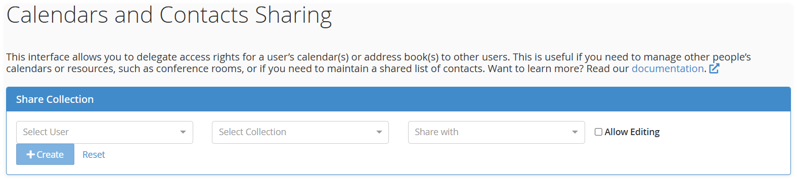 Calendars Contacts Share Collection Page for emails on cPanel.