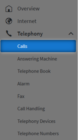 The menu on the Fritz!box highlighting Calls