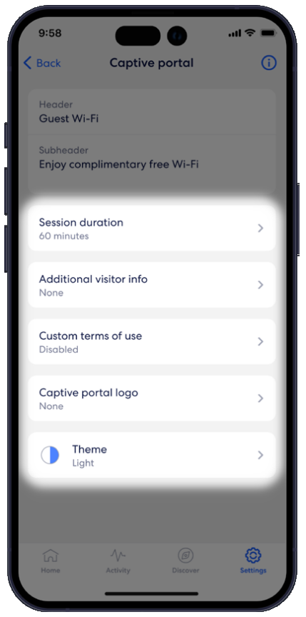 Captive portal settings within the guest network using the eero mobile app