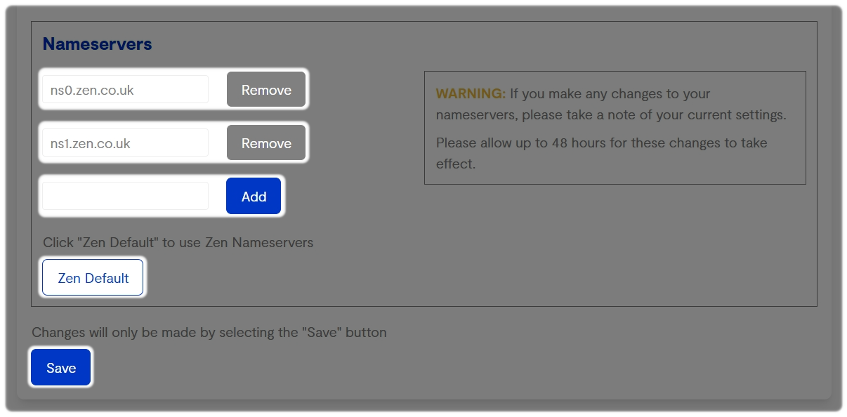 Remove, add Nameservers with Zen Default and the Save option highlighted 