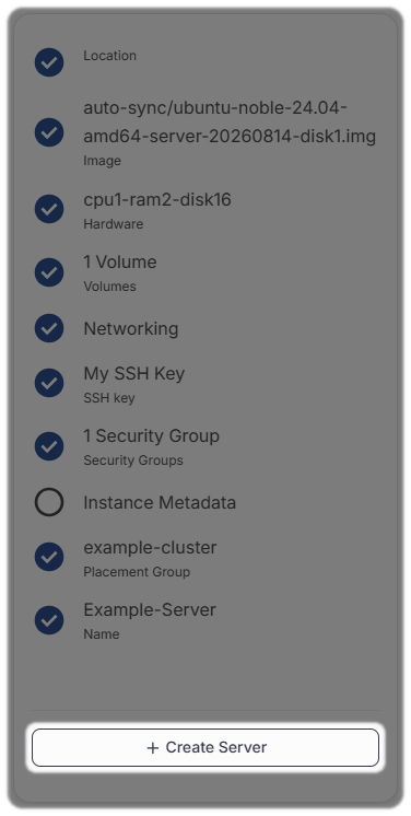 Checklist for Create Server and the option to create highlighted at the bottom.