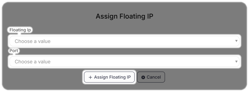 Choose a value for, Floating Ip, Port then Assign Floating IP highlighted.