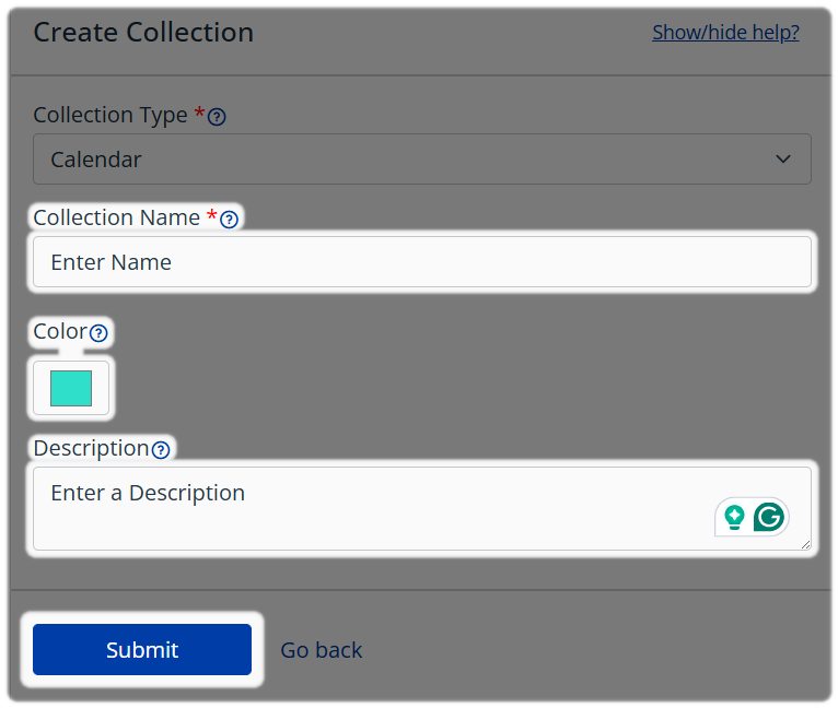 Collection Type, enter name, color, description and then Submit.