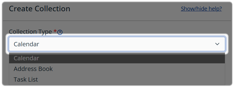 Collection Type drop-down showing Calendar, Address Book and Task List.