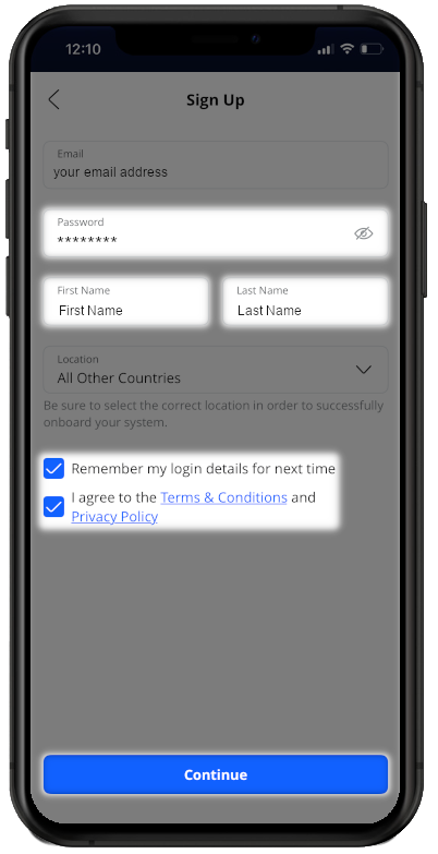 CommandIQ Sign Up, enter a new password and check both remember login and I agree T&C's