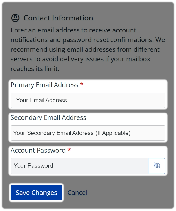 Primary and secondary Contact Information for cPanel with save changes