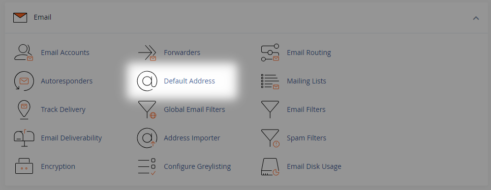 cpanel menu options with the option for Default Address selected