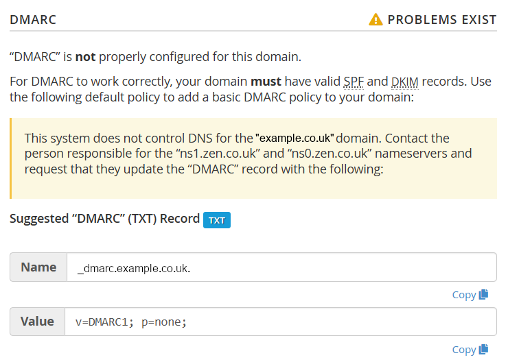cPanel DMARC name and values to be used to add as a TXT DNS record