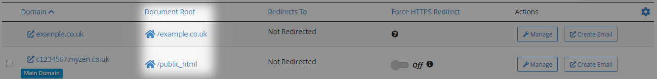 highlighted links to enter a document root file structure