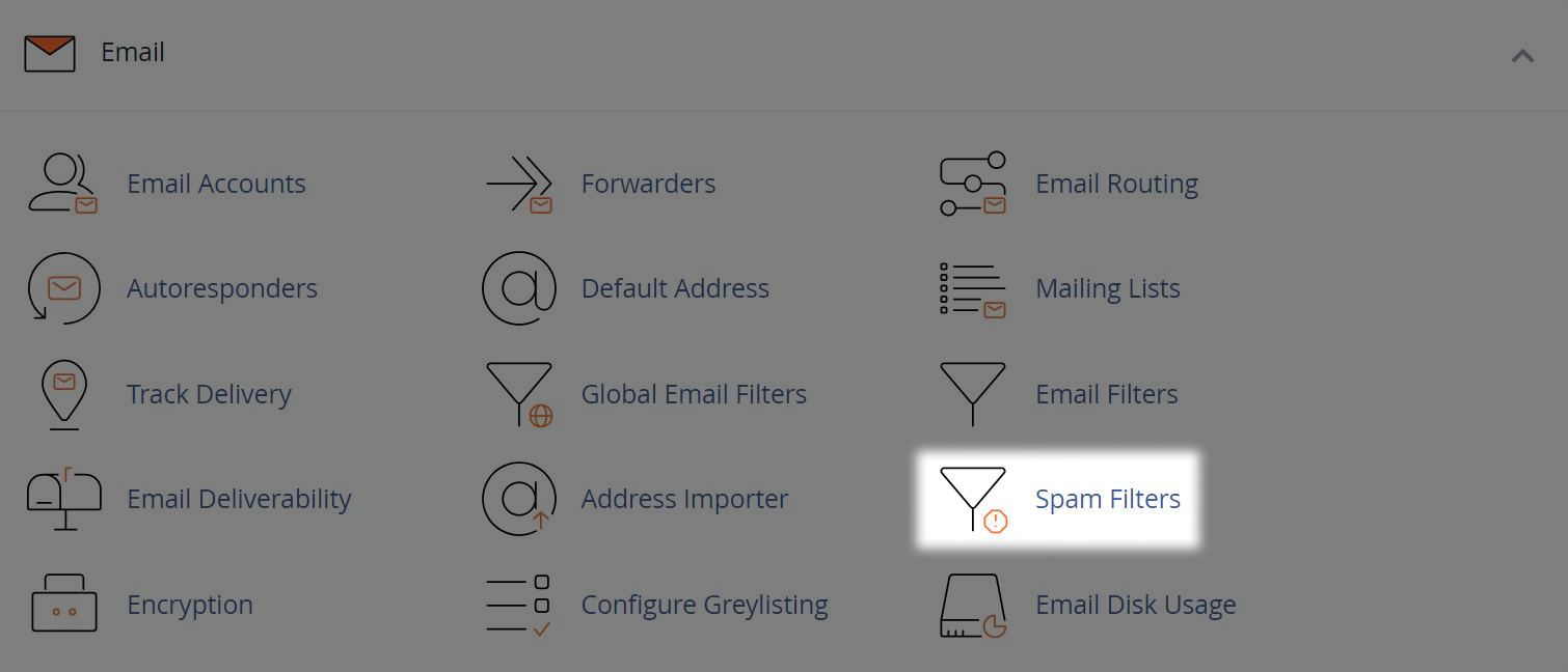 email menu with the sub-menu for email filters highlighted