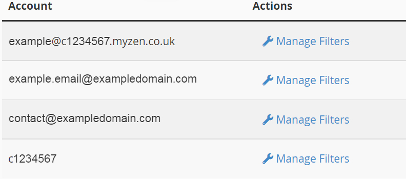 table with 4 example emails accounts with options to manage