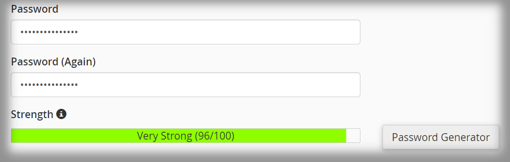 two password free text fields to enter and confirm password with a strength indicator 