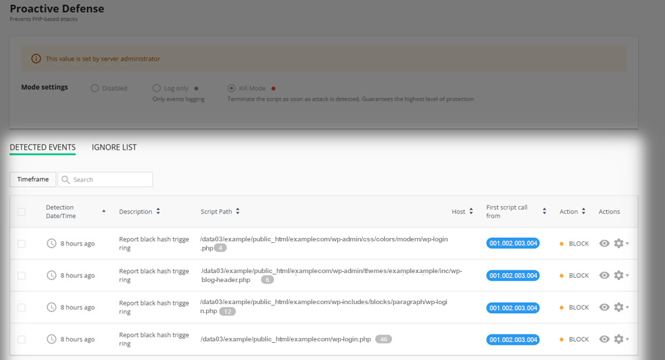 the Proactive Defence menu in the Imunify360 cPanel Interface