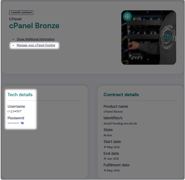 cPanel username and password, slect visibility icon to view the password and manage your cPanel hosting option to login to cPanel