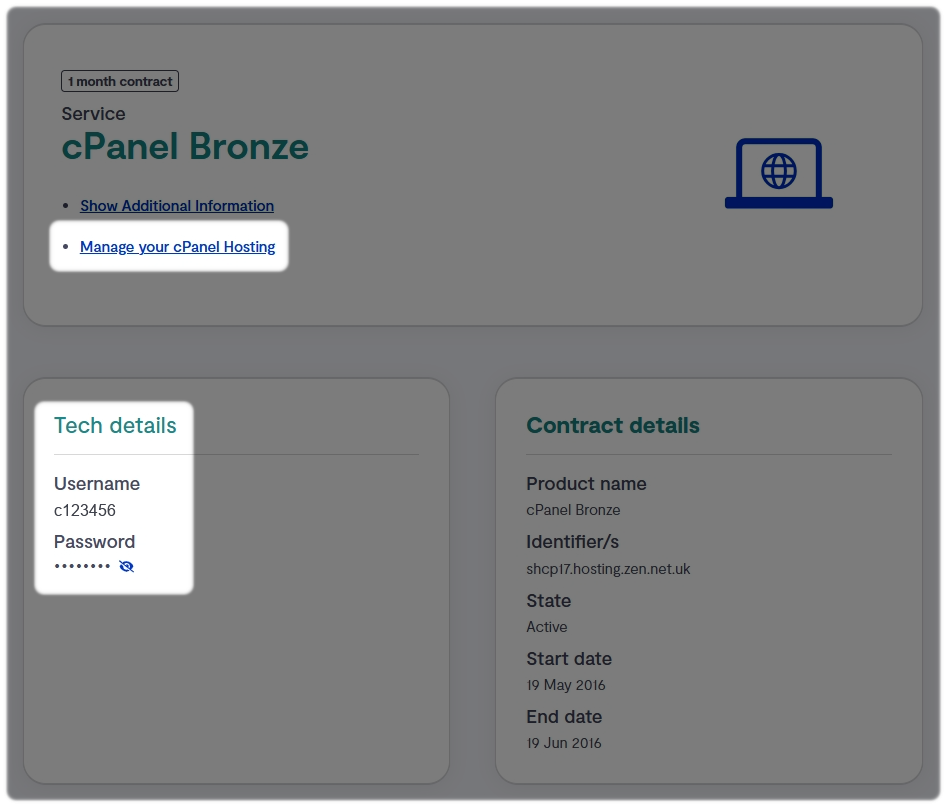cPanel username and password, slect visibility icon to view the password and manage your cPanel hosting option to login to cPanel