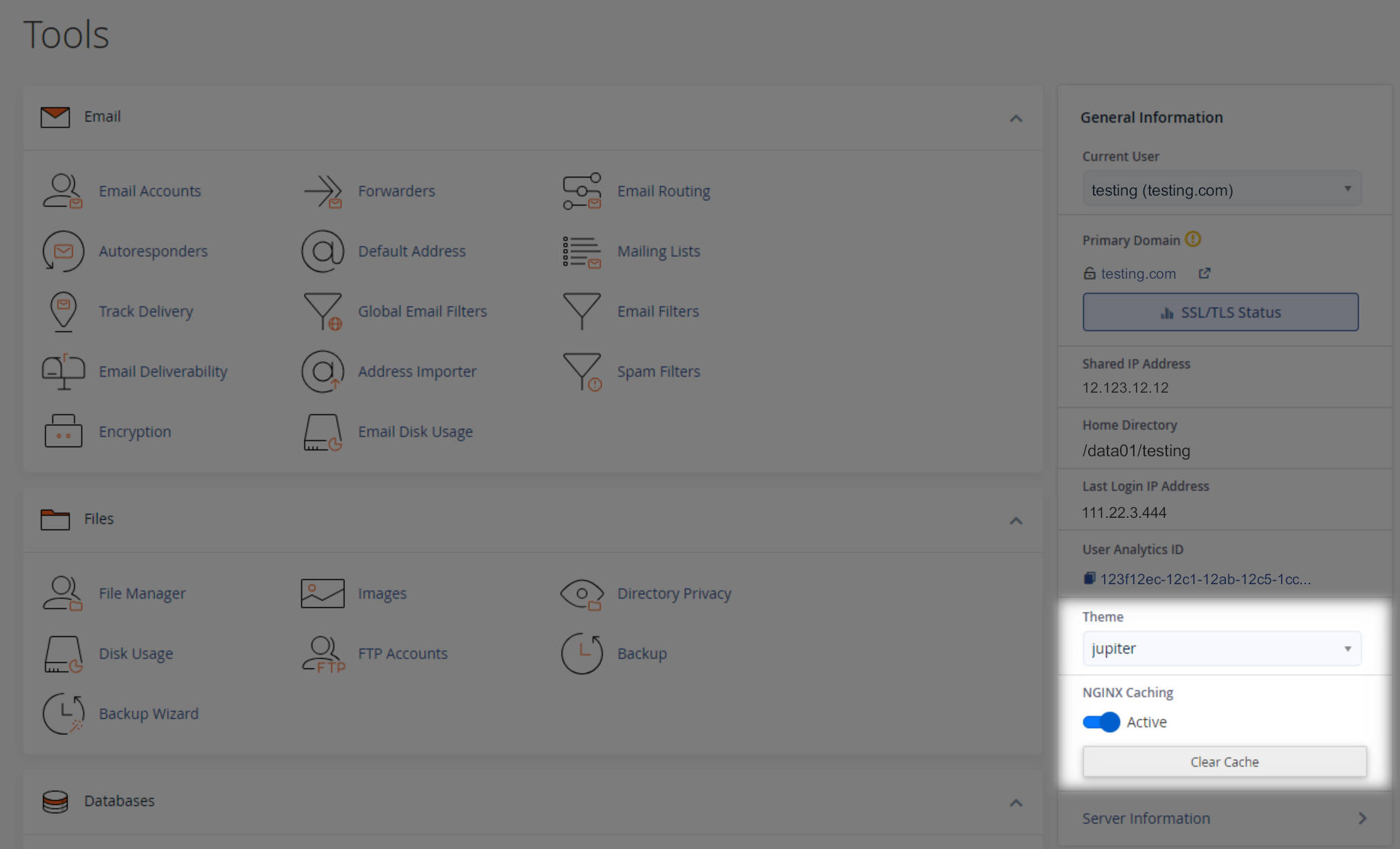 The main cPanel home page showing the location of NGINX Caching