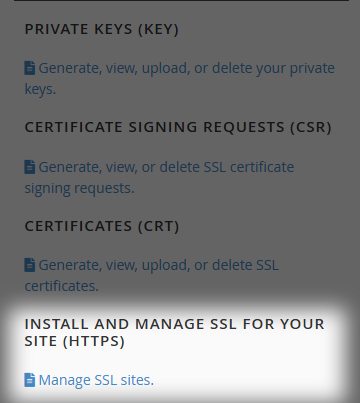 options for SSL settings with the option for manage SSL sites highlighted