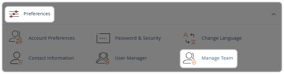 cPanel Manage Team option within the preferences section