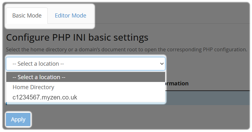 Select a location to make MultiPHP INI changes