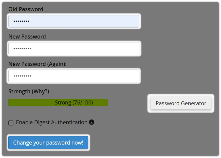 cPanel New Password page or password generator