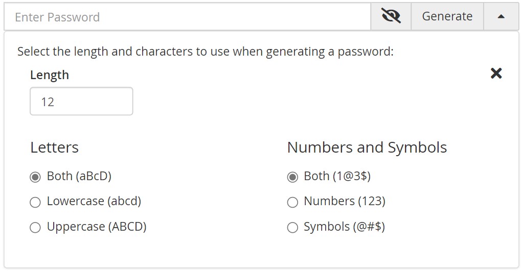 drop down menu with multiple password options for characters and length