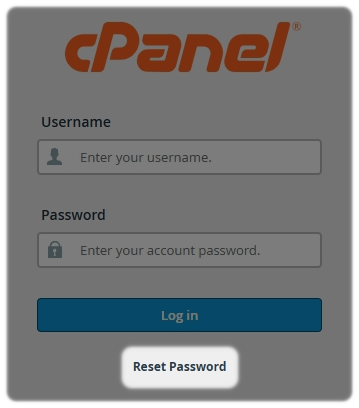 cPanel login screen with Reset Password option